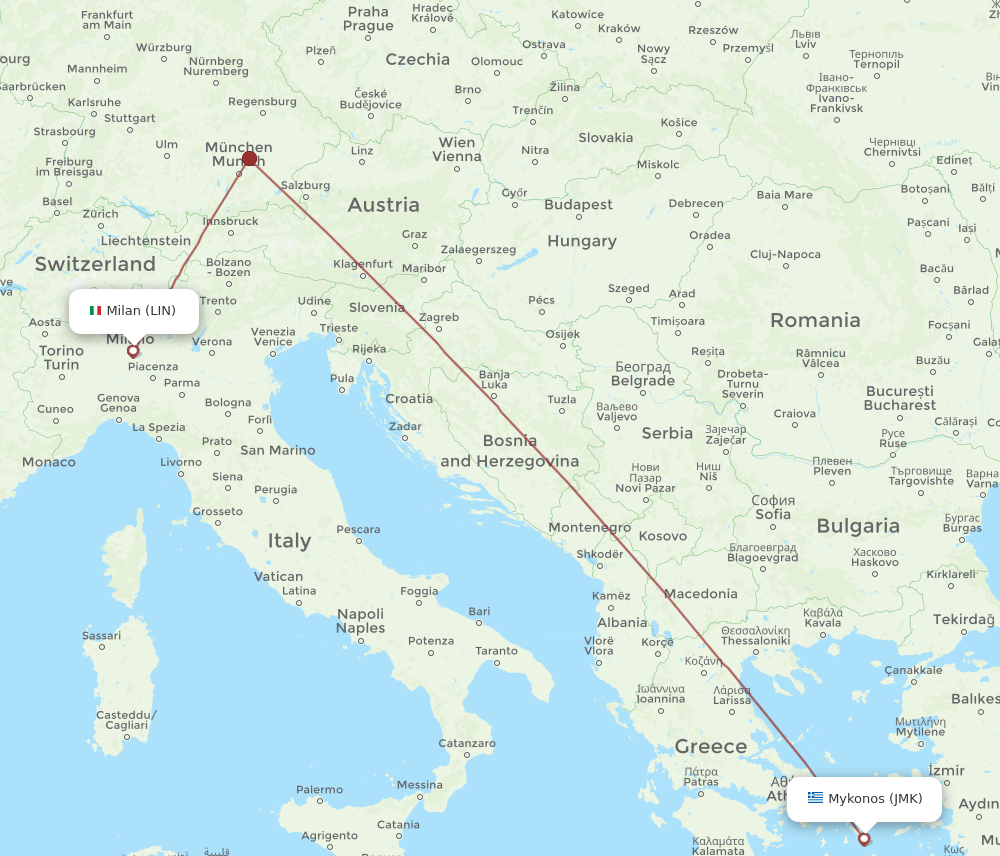 Milan - Mykonos route map and flight paths