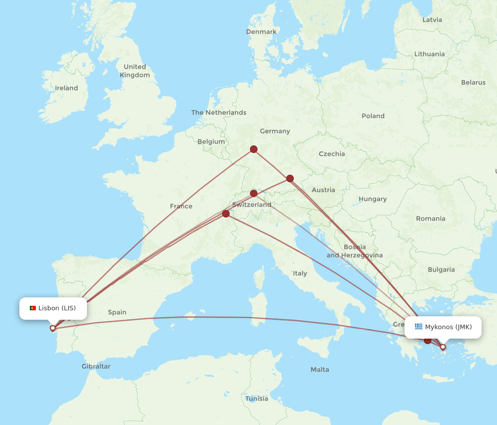 JMK to LIS flights and routes map