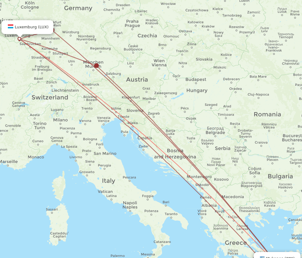 JMK to LUX flights and routes map