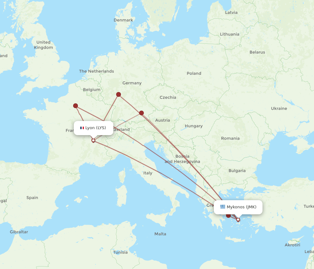 JMK to LYS flights and routes map