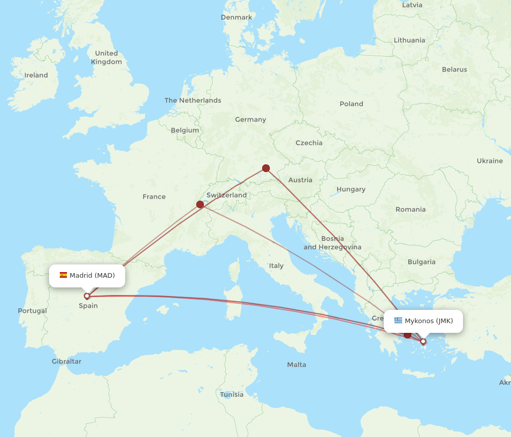 JMK to MAD flights and routes map