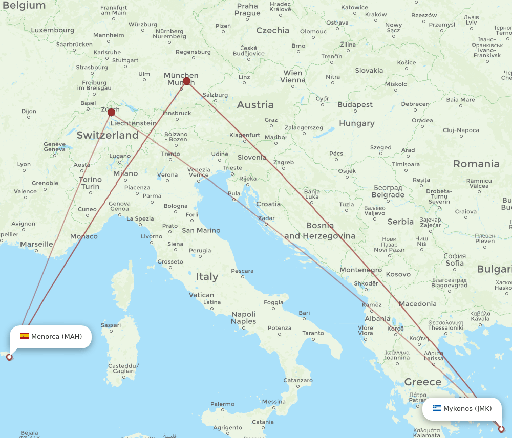Mykonos - Menorca route map and flight paths
