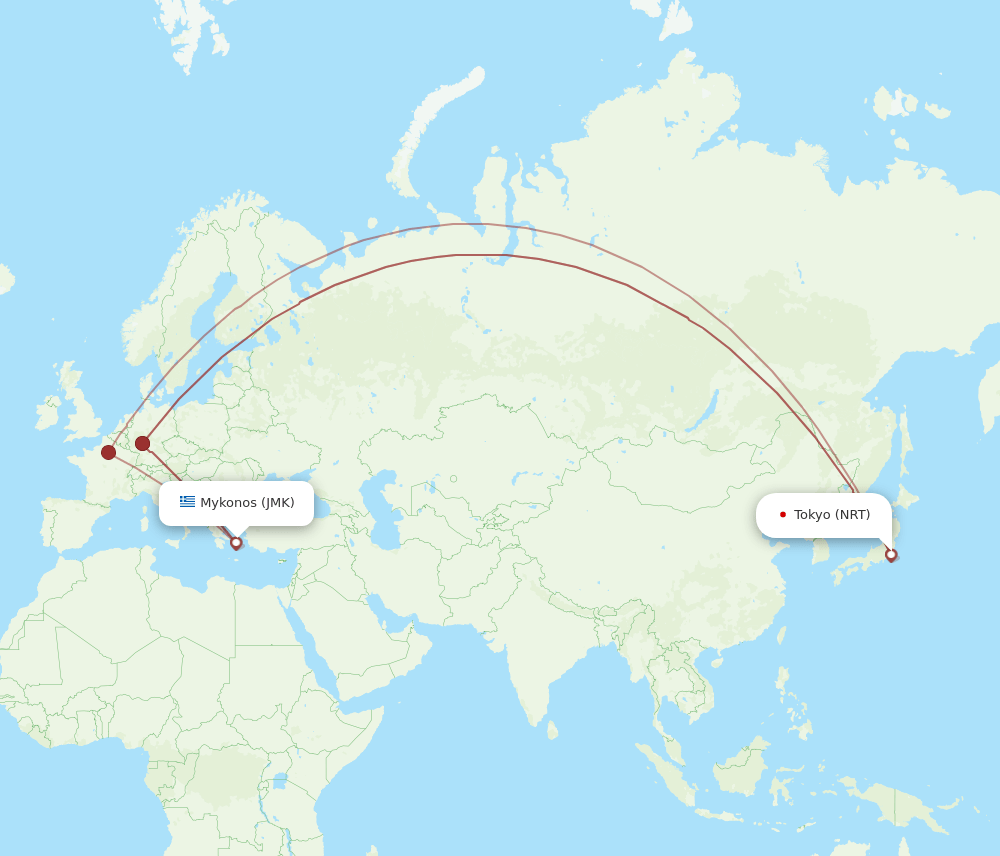 Tokyo - Mykonos route map and flight paths