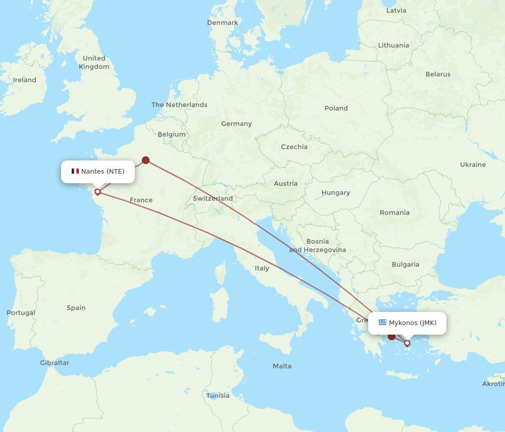 JMK to NTE flights and routes map