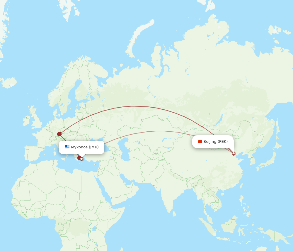 Beijing - Mykonos route map and flight paths