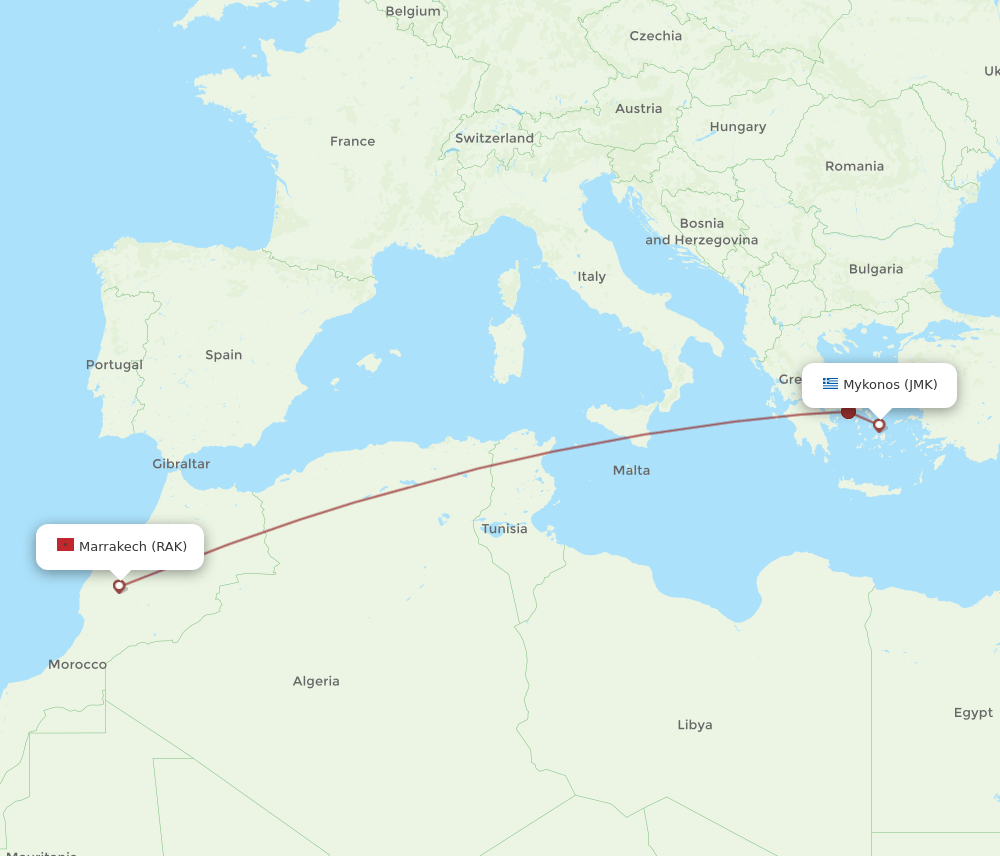 Marrakech - Mykonos route map and flight paths