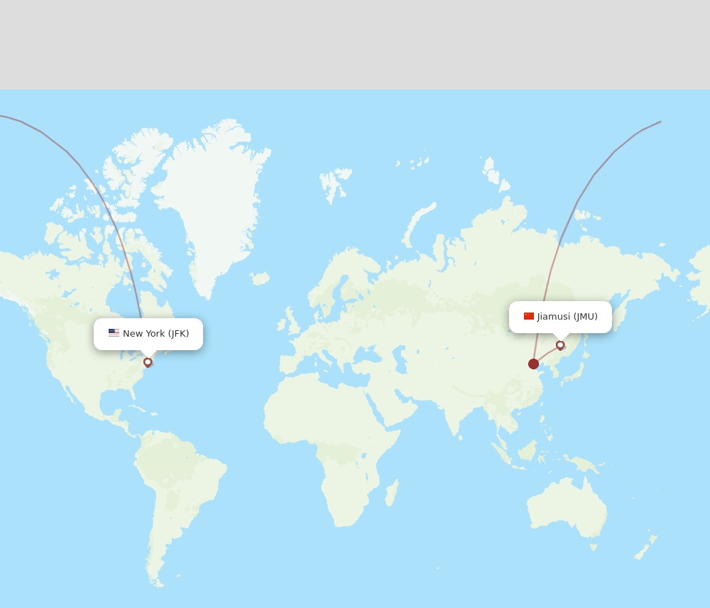 Jiamusi - New York route map and flight paths