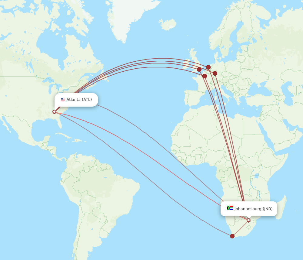 JNB to ATL flights and routes map