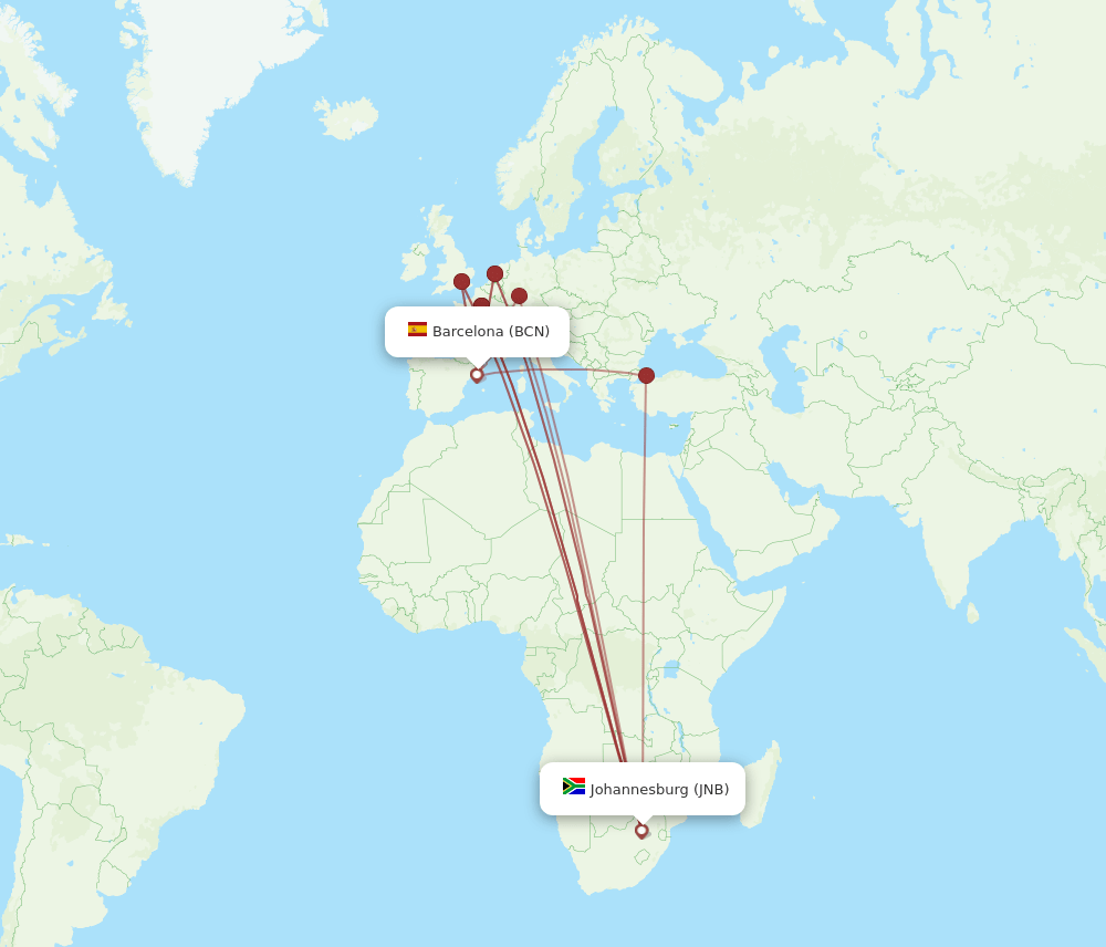 JNB to BCN flights and routes map