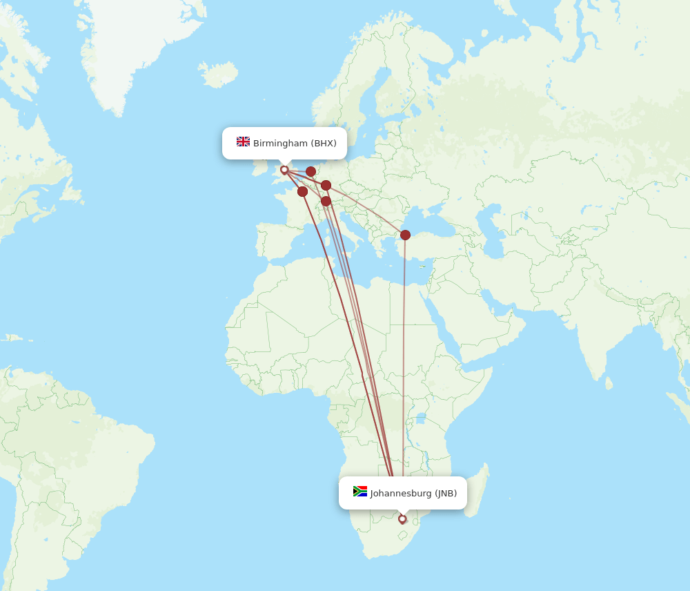 JNB to BHX flights and routes map