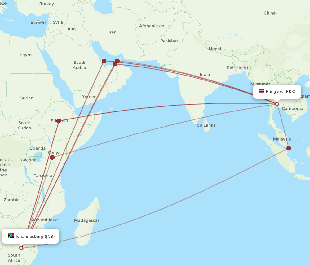 JNB to BKK flights and routes map