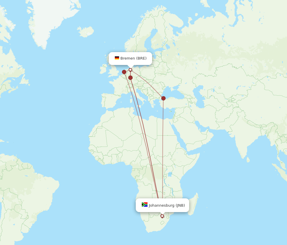JNB to BRE flights and routes map