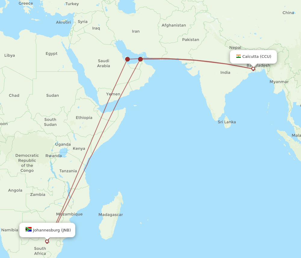 JNB-CCU flight routes
