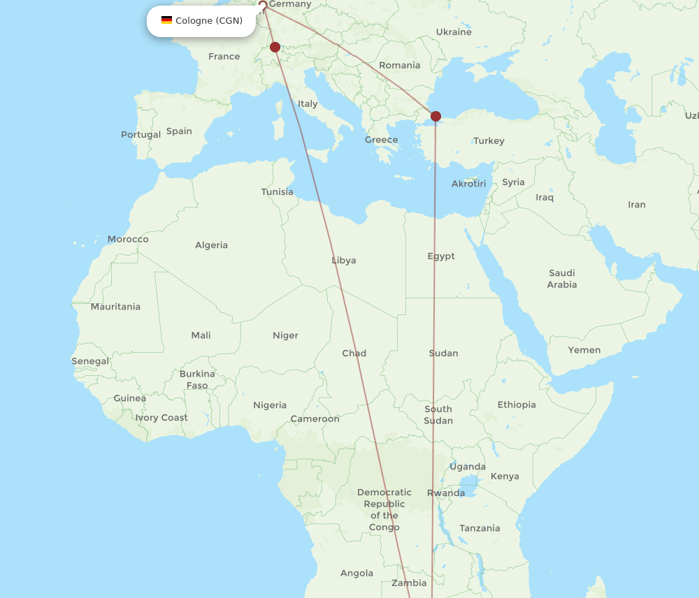 JNB to CGN flights and routes map