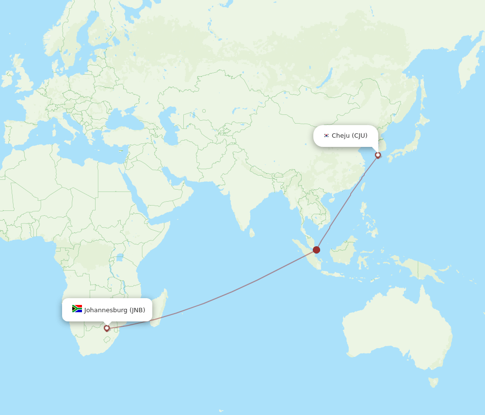 CJU to JNB flights and routes map