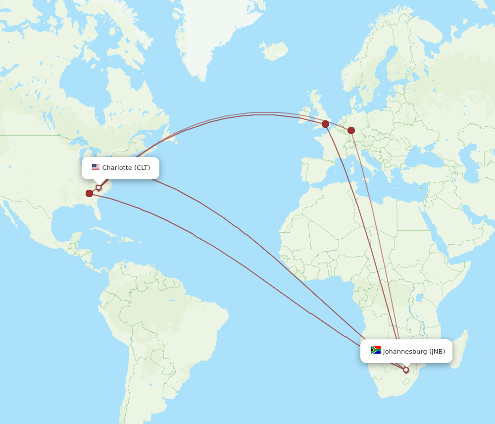 JNB to CLT flights and routes map