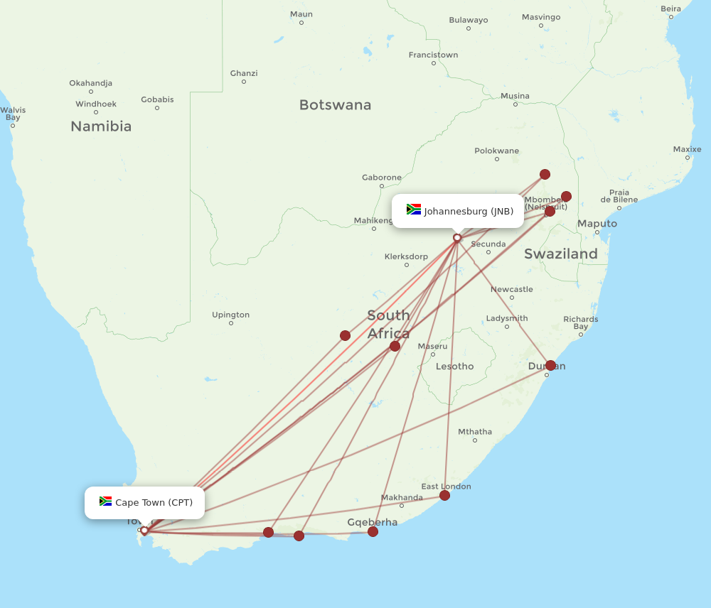 JNB to CPT flights and routes map