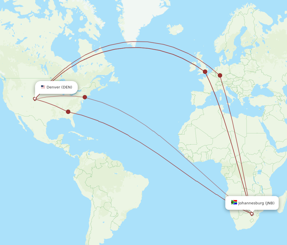 JNB to DEN flights and routes map