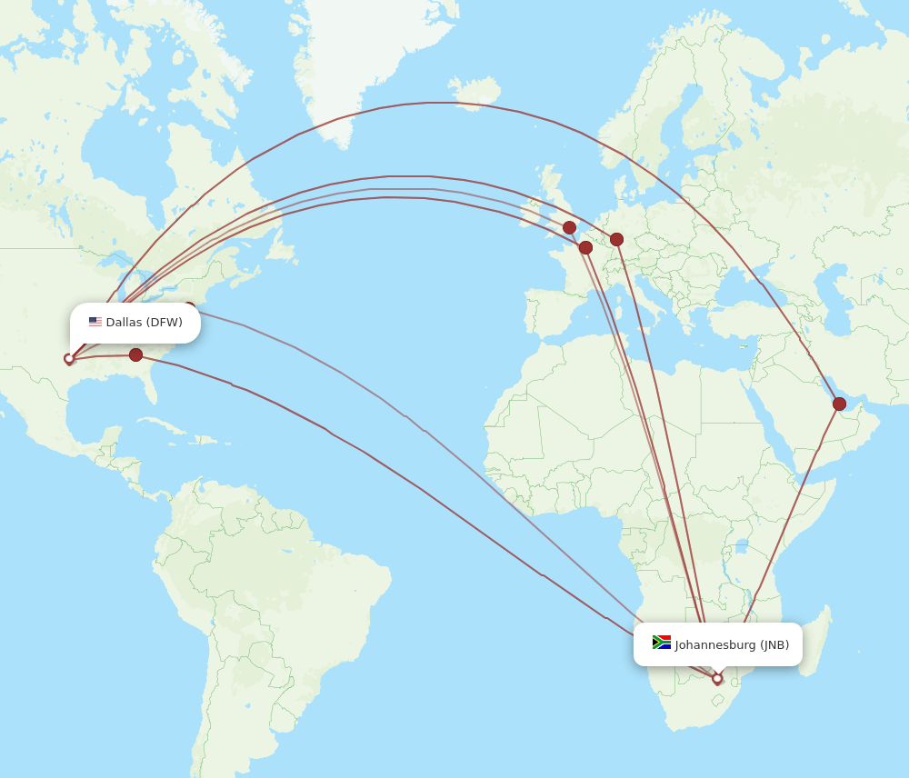 JNB to DFW flights and routes map