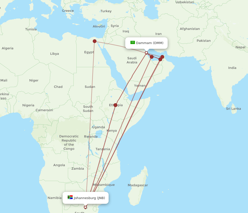 JNB to DMM flights and routes map