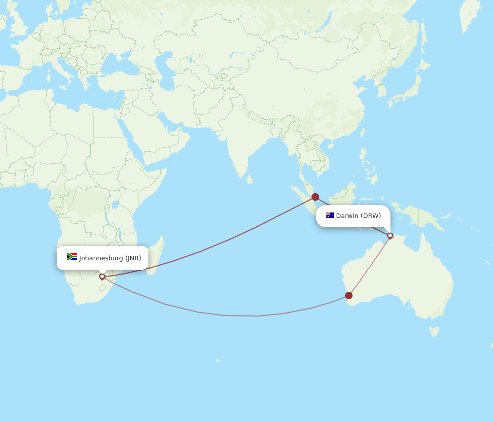 Darwin - Johannesburg route map and flight paths