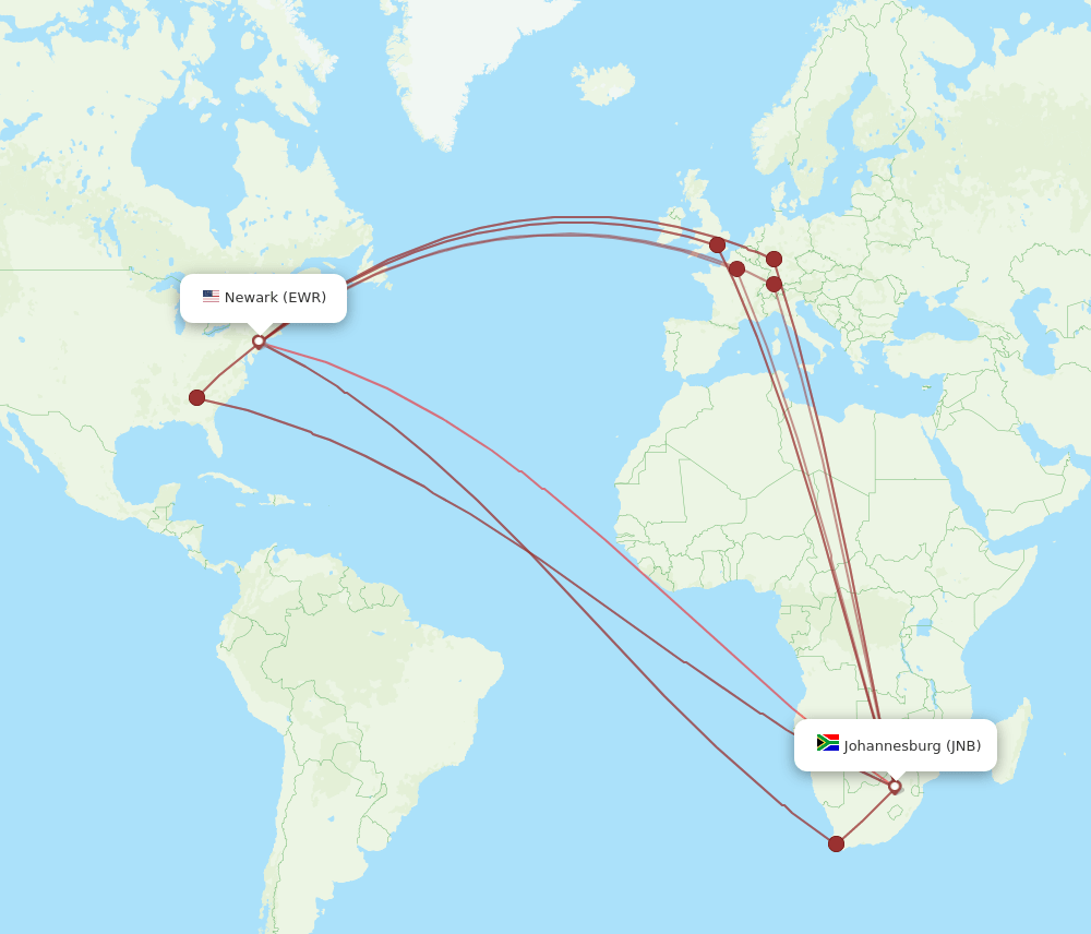 JNB to EWR flights and routes map