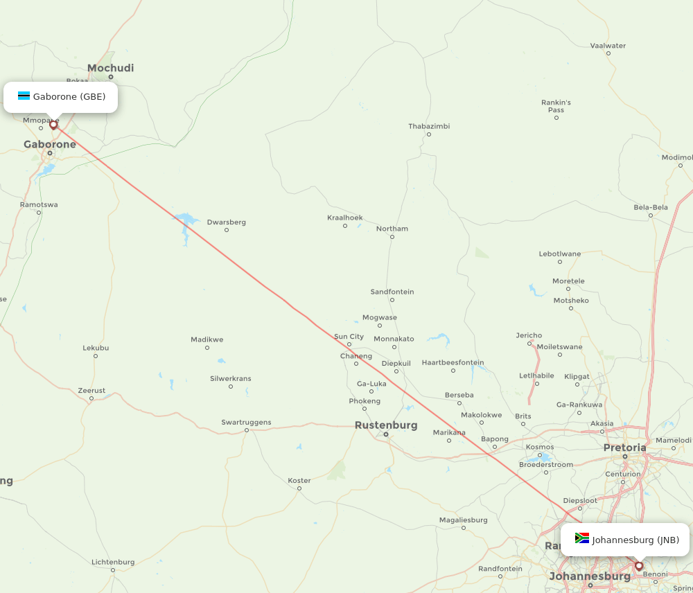 Johannesburg - Gaborone route map and flight paths