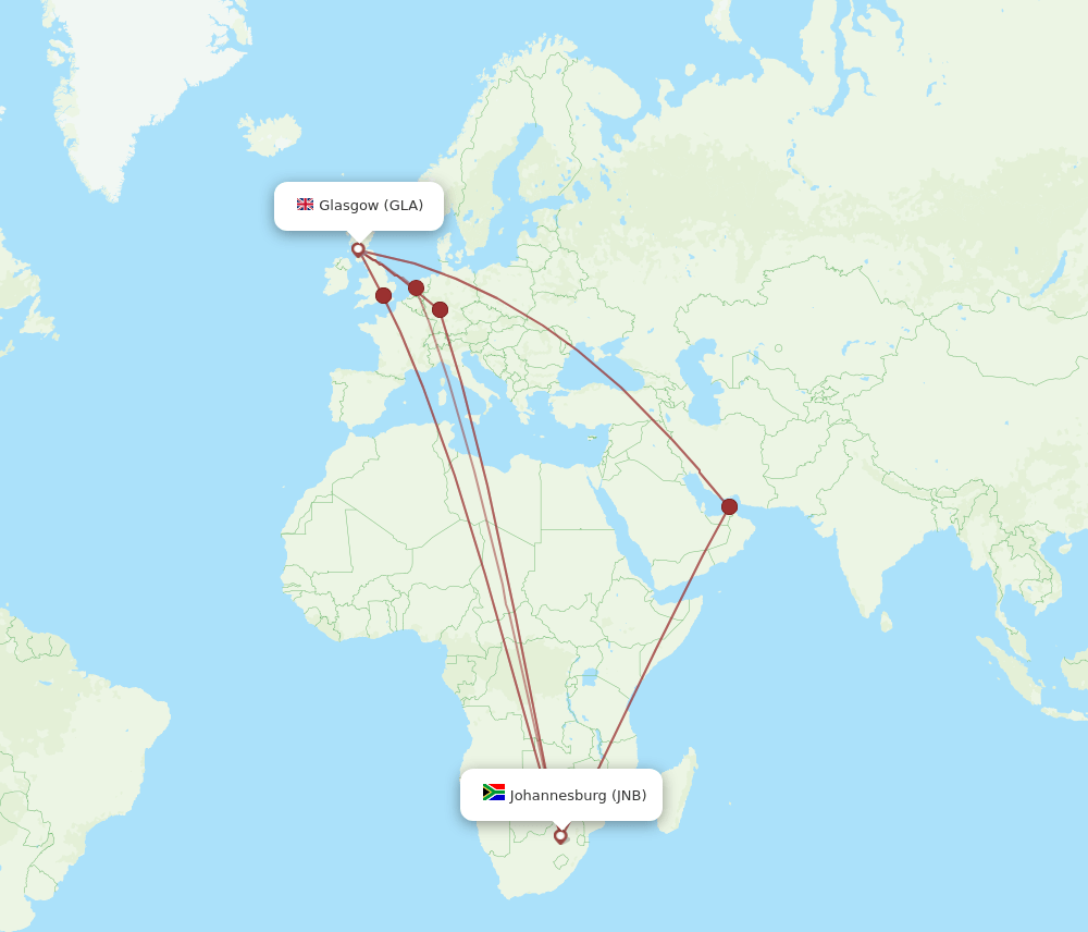 JNB to GLA flights and routes map