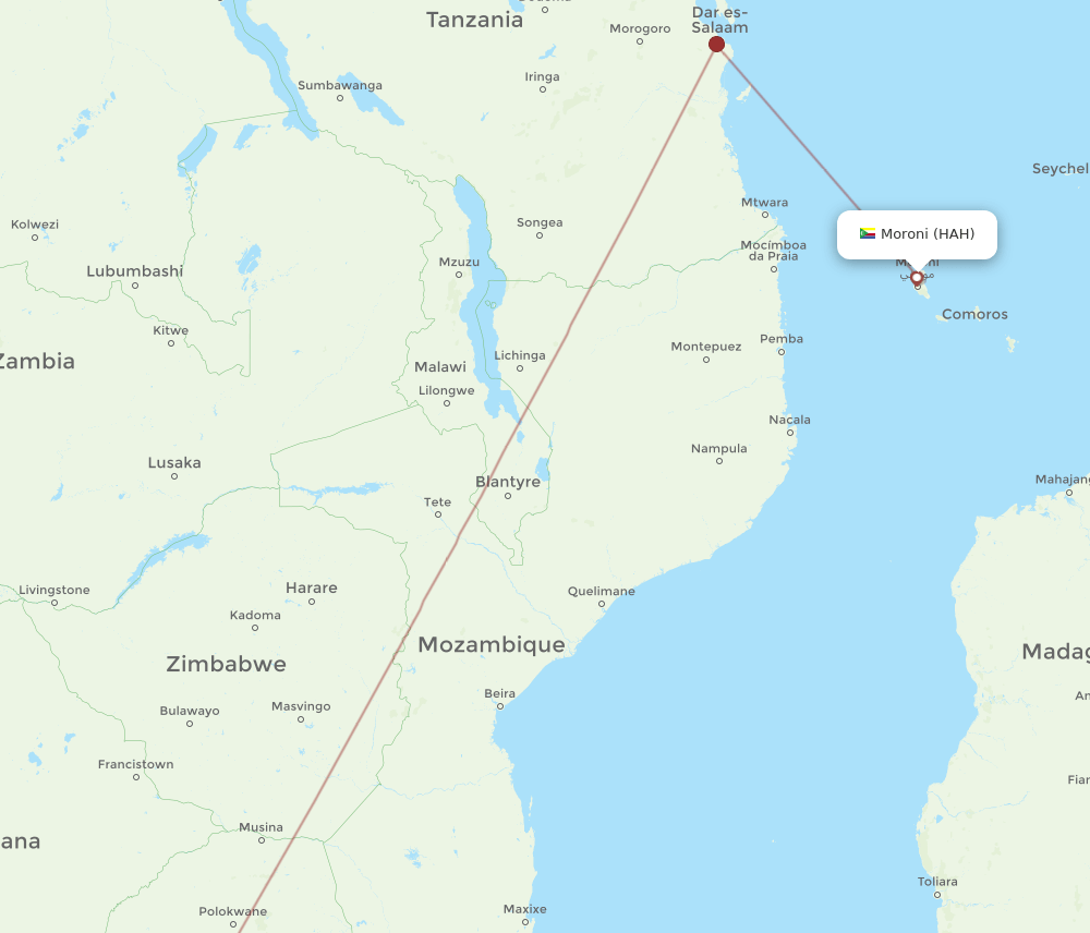 Johannesburg - Moroni route map and flight paths