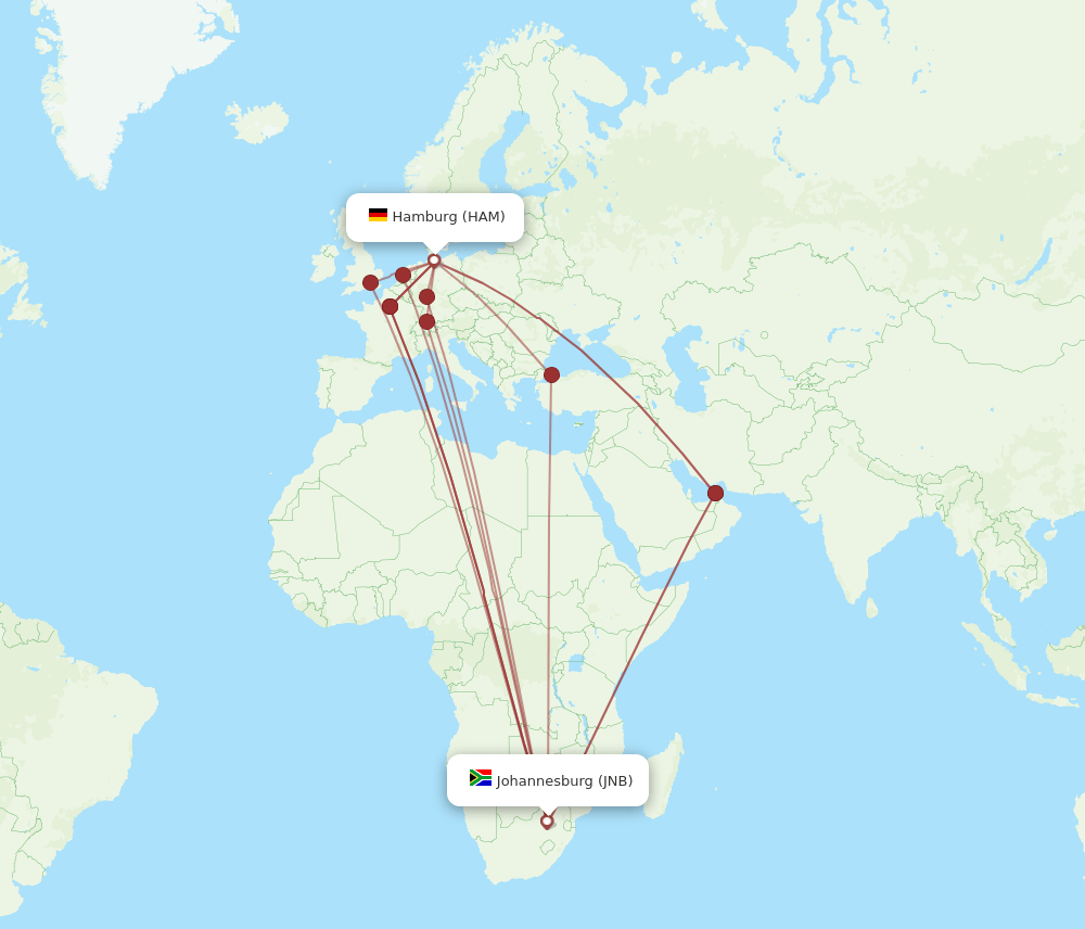 JNB to HAM flights and routes map