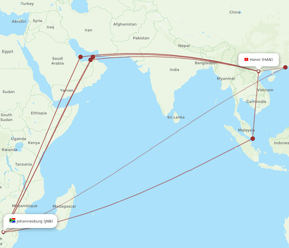 JNB-HAN flight routes