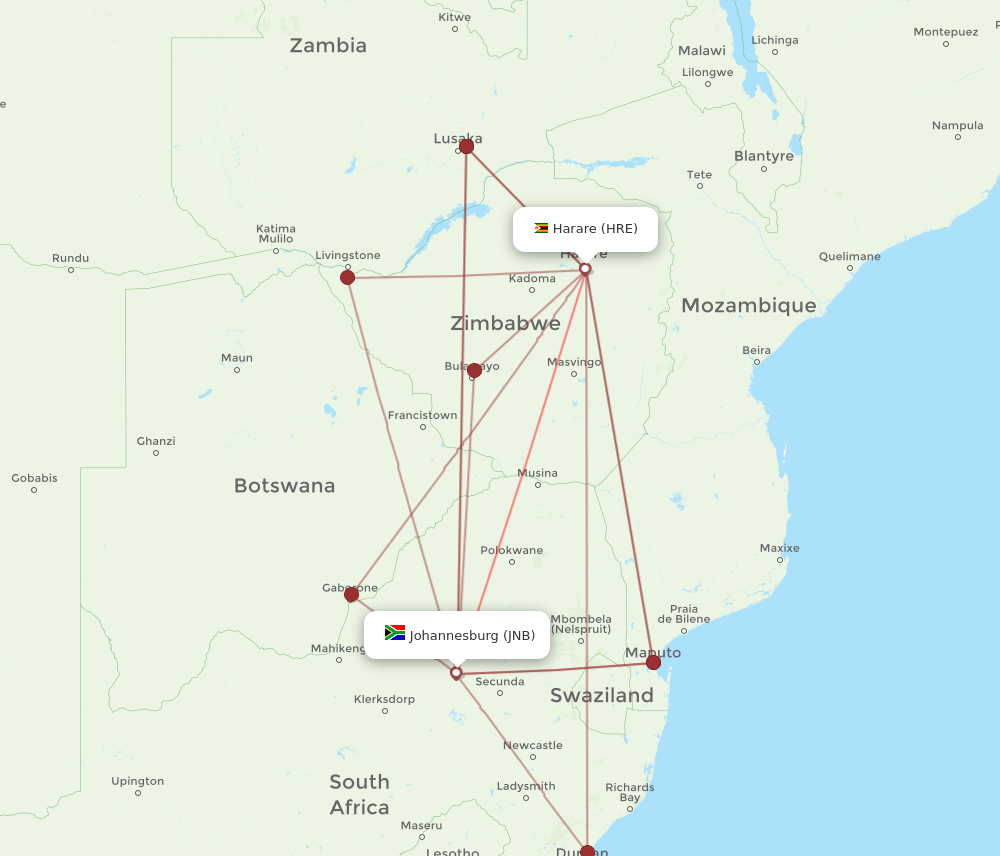JNB to HRE flights and routes map
