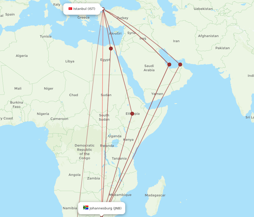 JNB to IST flights and routes map