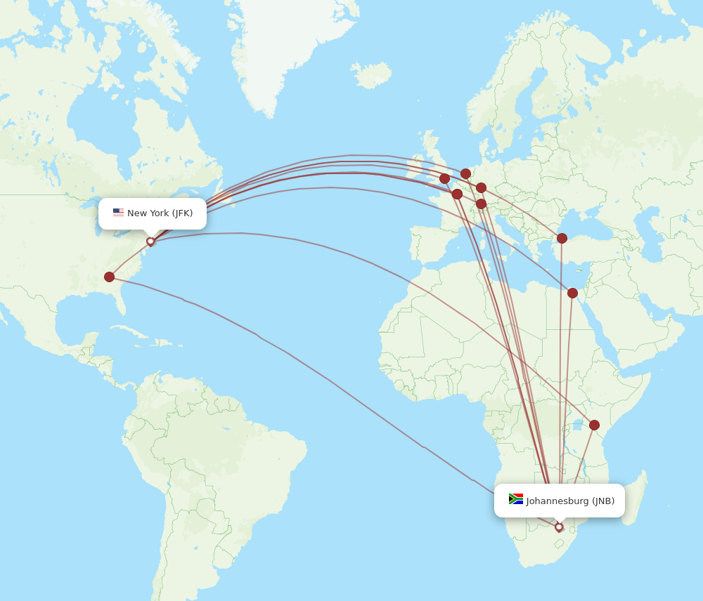 JNB to JFK flights and routes map
