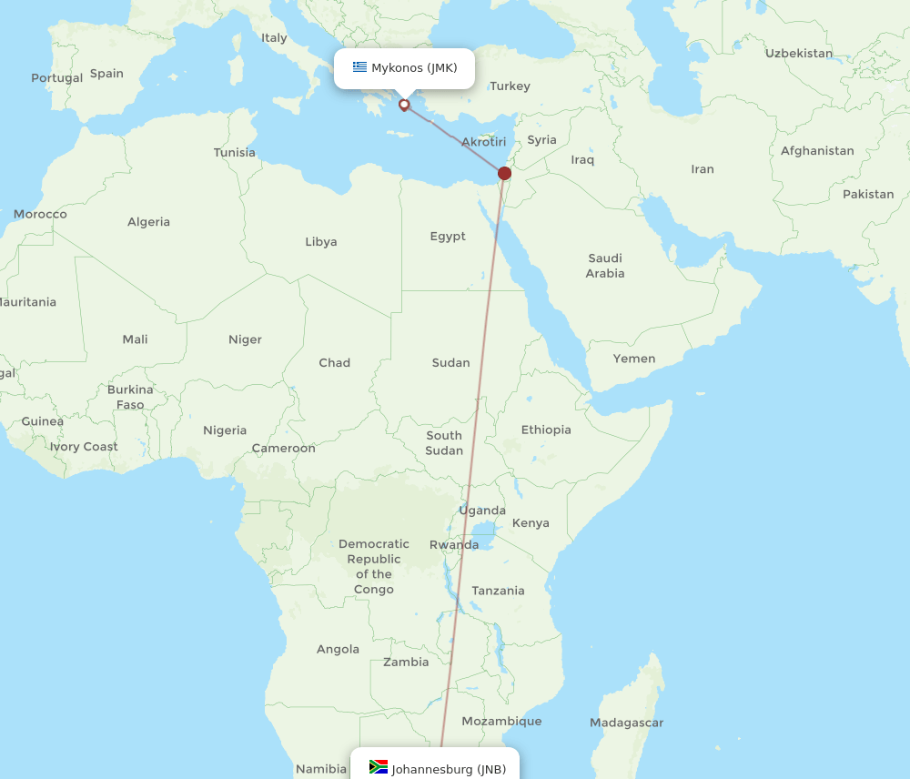 JNB to JMK flights and routes map