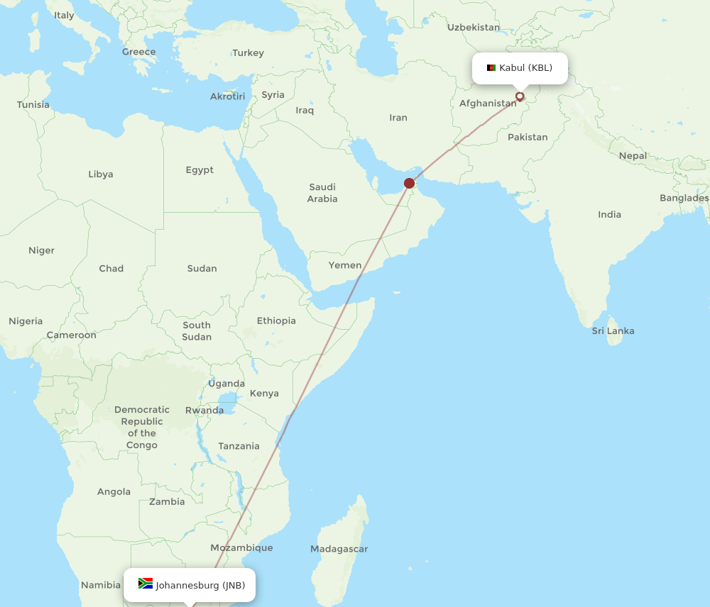 JNB to KBL flights and routes map