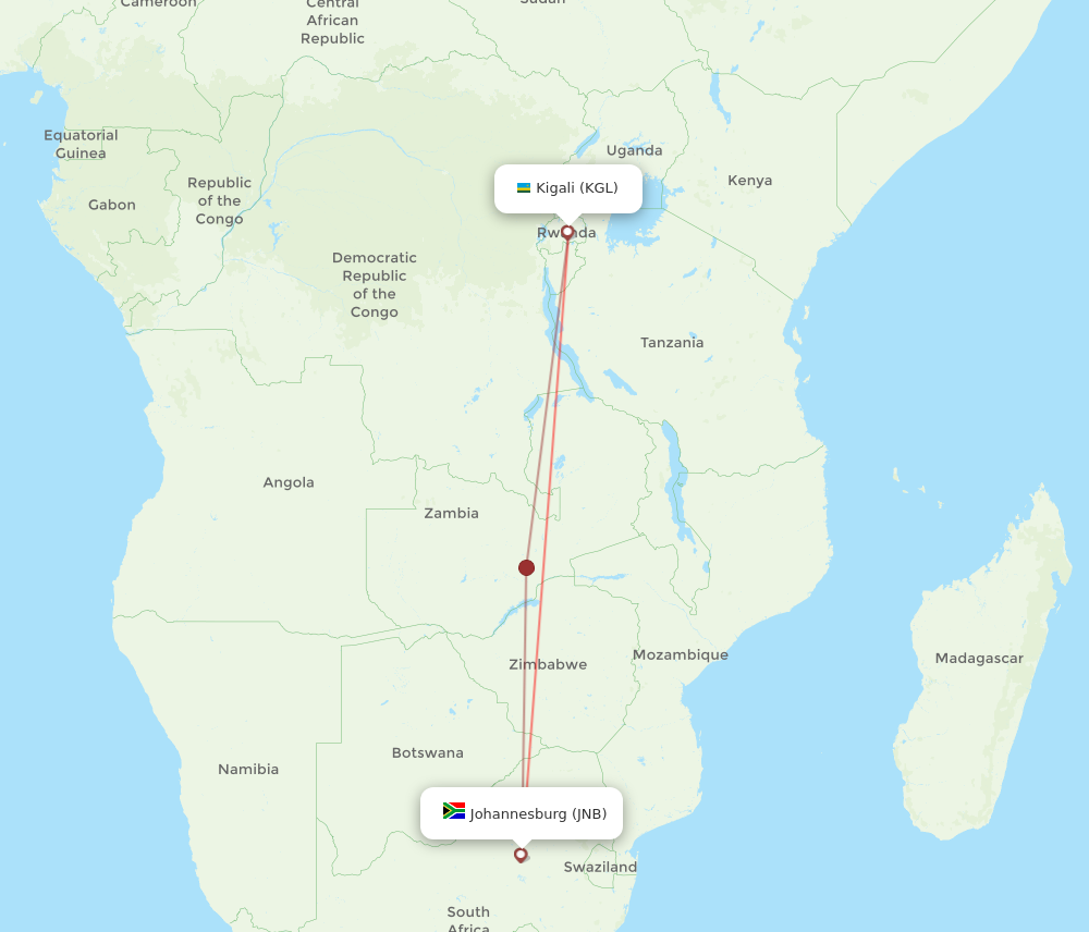 JNB to KGL flights and routes map
