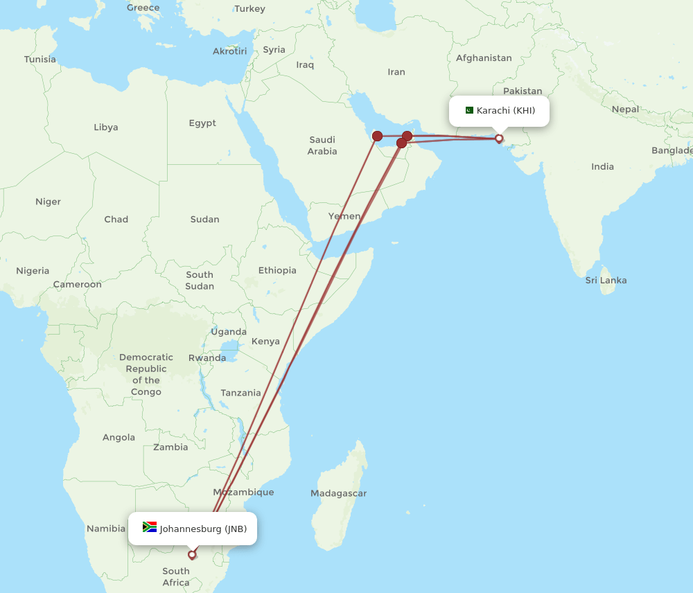 JNB to KHI flights and routes map