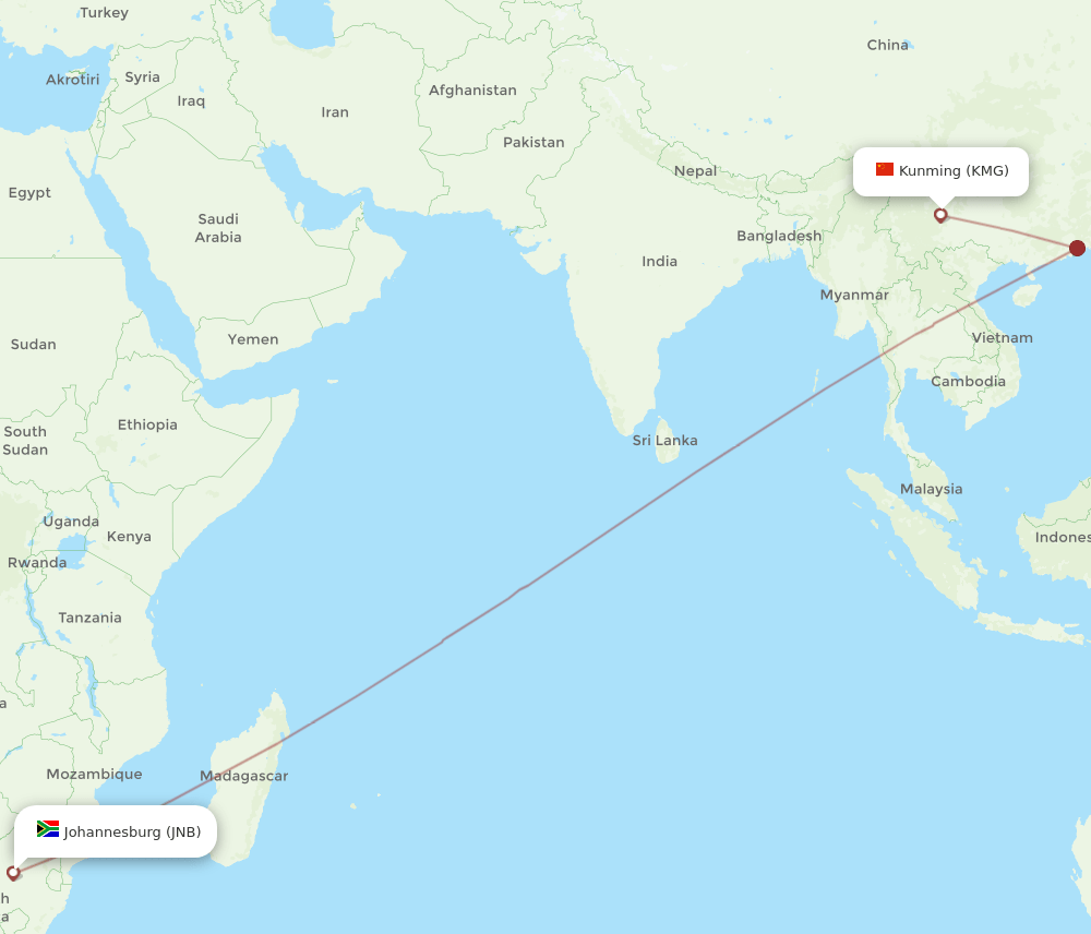 Kunming - Johannesburg route map and flight paths