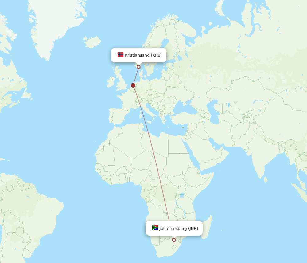 Johannesburg - Kristiansand route map and flight paths