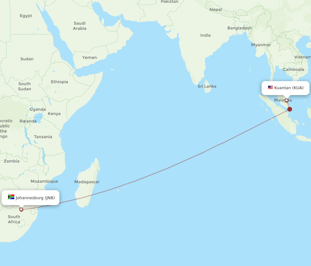 Kuantan - Johannesburg route map and flight paths