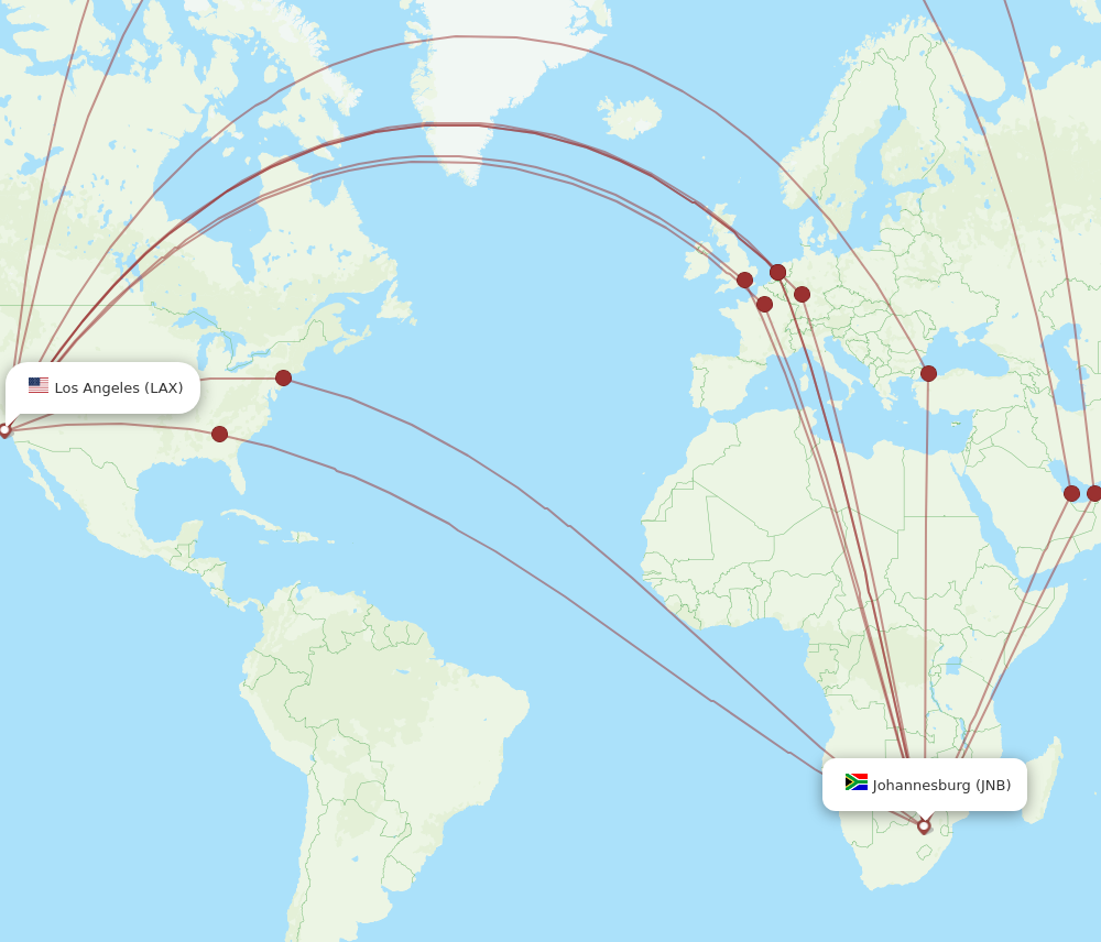JNB to LAX flights and routes map