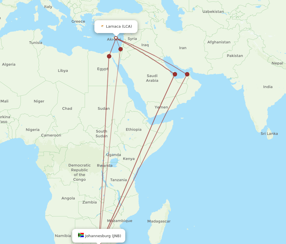 JNB-LCA flight routes