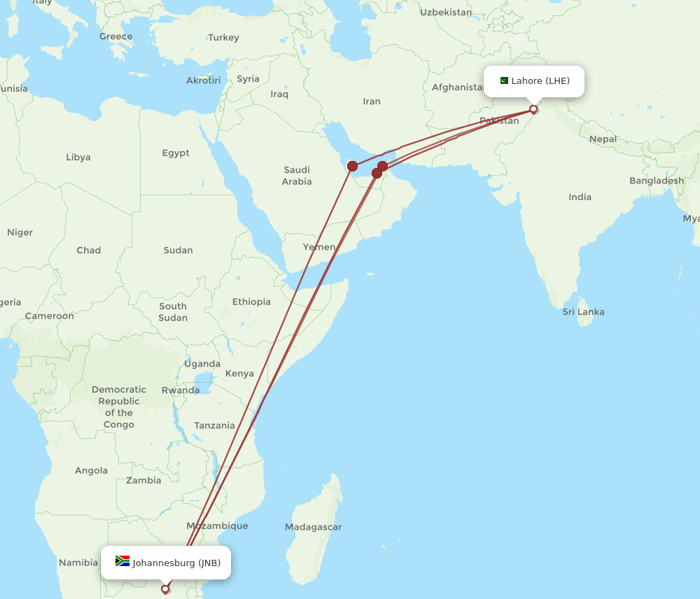 JNB-LHE flight routes