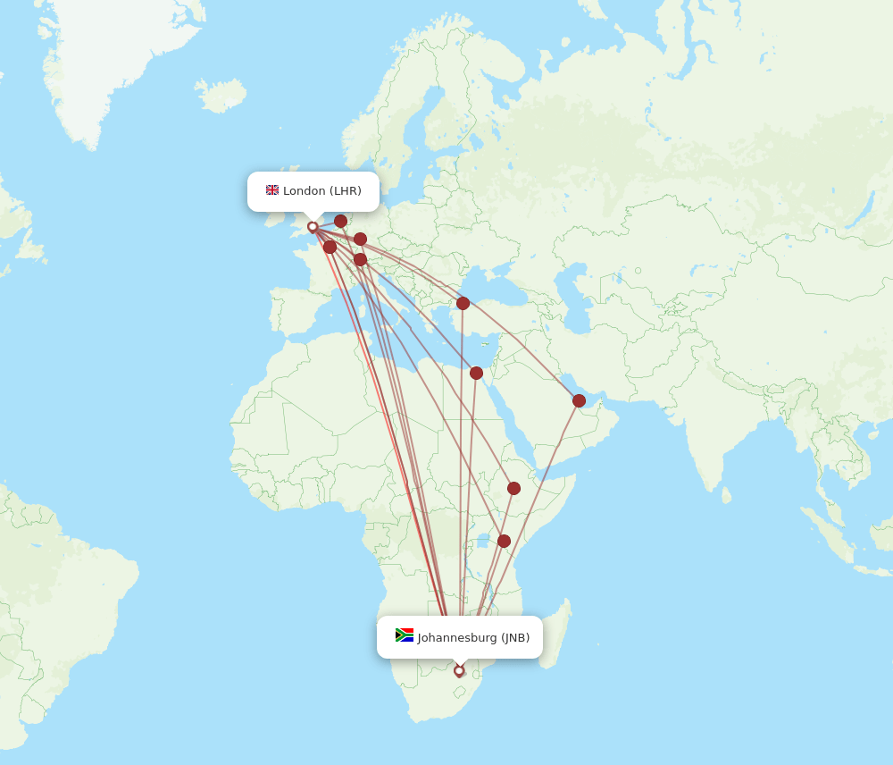 JNB to LHR flights and routes map