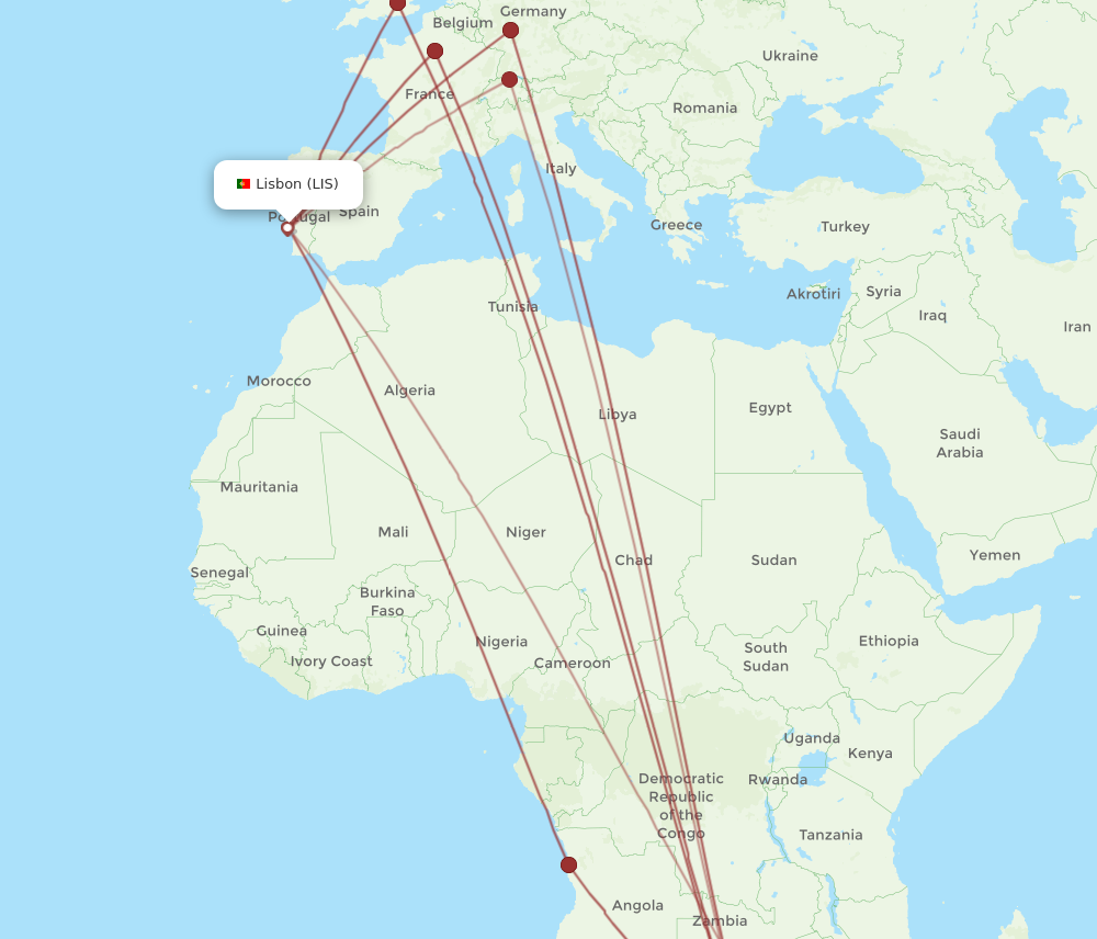 JNB to LIS flights and routes map