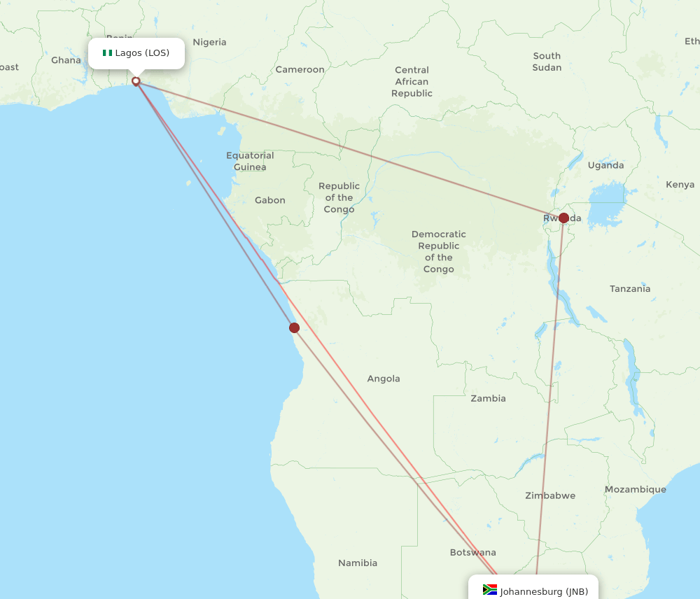 JNB to LOS flights and routes map