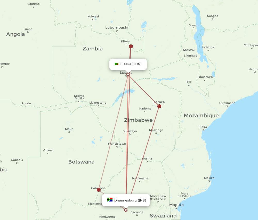 JNB to LUN flights and routes map