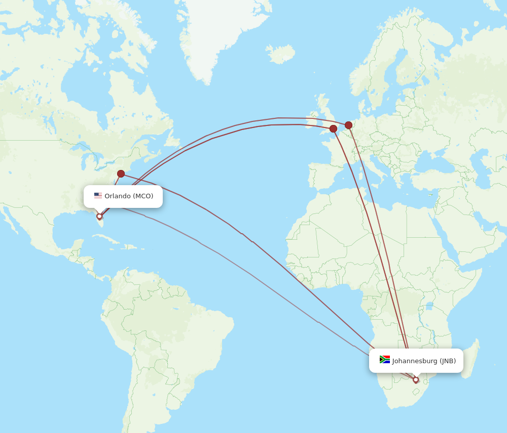JNB to MCO flights and routes map