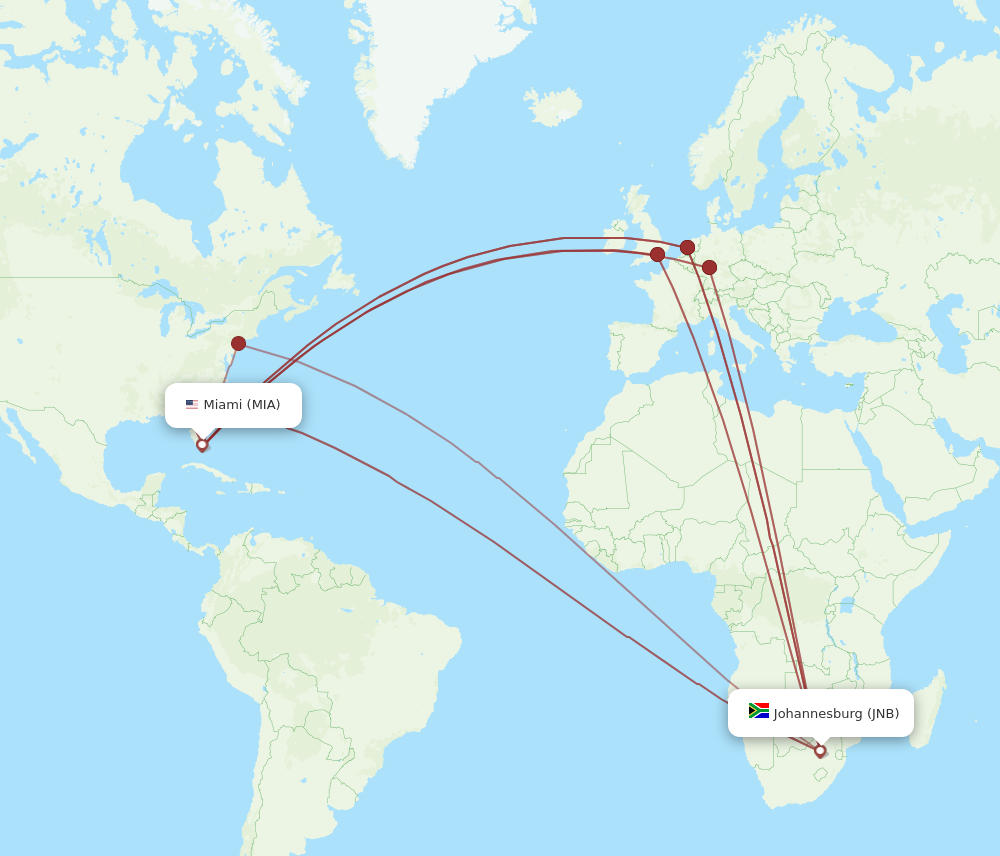 JNB to MIA flights and routes map